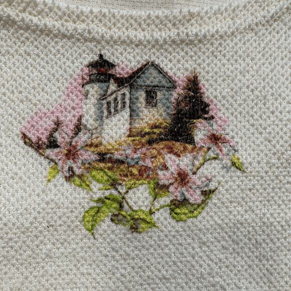 Vintage Cottagecore Lighthouse Floral Print Maxi Dress Pastel Pink Cream Texture - Picture 6 of 8